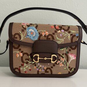 Gucci Horsebit Jumbo GG Floral Embroidered Accordion Shoulder Bag